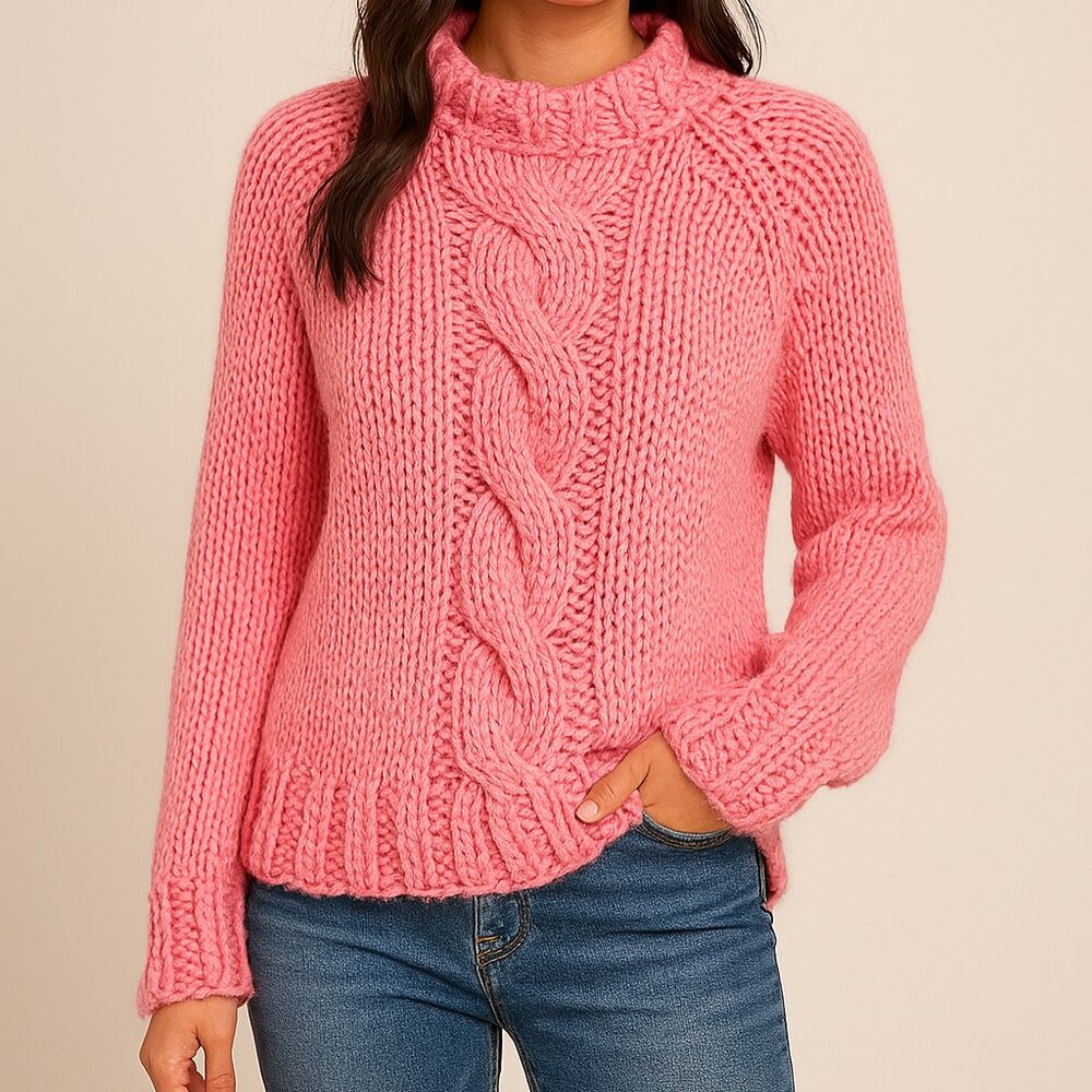 GORGEOUS Handmade Cozy Mock Neck Cable Knit Sweater in Bubble Gum Pink Hi Lo